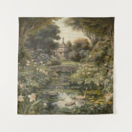 Botanische scène van zwanen in een Engelse tuin Wandkleed