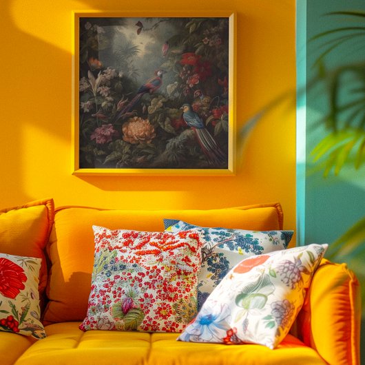  botanische scène vogelbloemen in het paradijs canvas afdruk