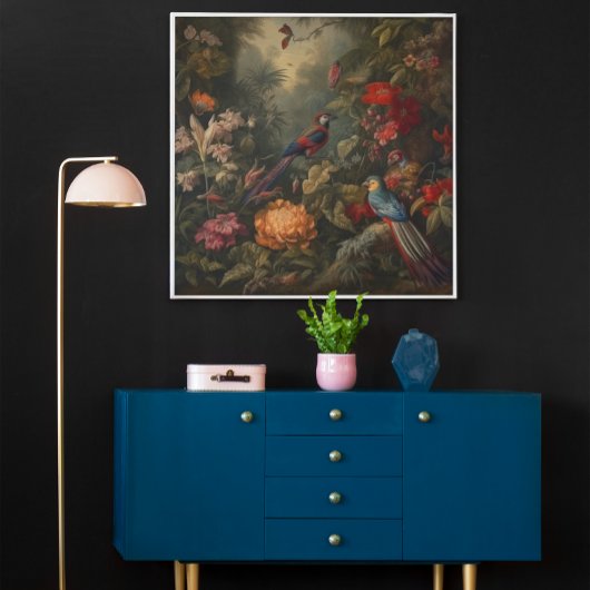  botanische scène vogelbloemen in het paradijs canvas afdruk