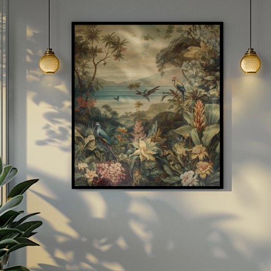 botanische scène vogelbloemen in het paradijs canvas afdruk