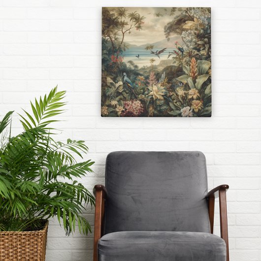  botanische scène vogelbloemen in het paradijs canvas afdruk