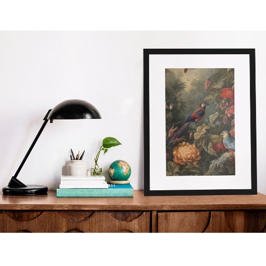 botanische scène vogelbloemen in het paradijs foto afdruk