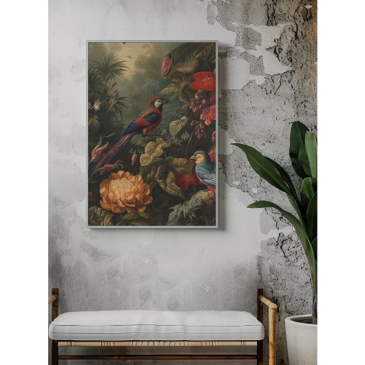 botanische scène vogelbloemen in het paradijs foto afdruk