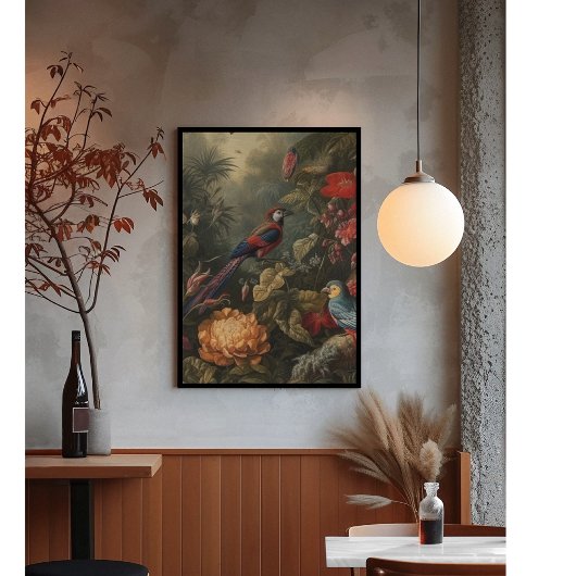 botanische scène vogelbloemen in het paradijs foto afdruk