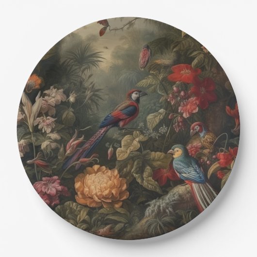 botanische scène vogelbloemen in het paradijs papieren bordje (Voorkant)