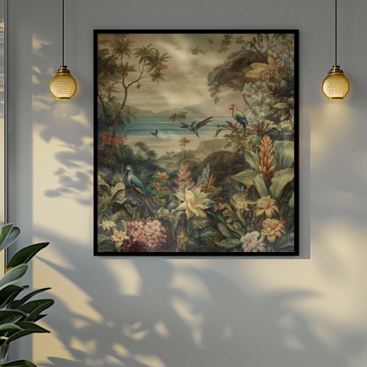 botanische scène vogelbloemen in het paradijs poster