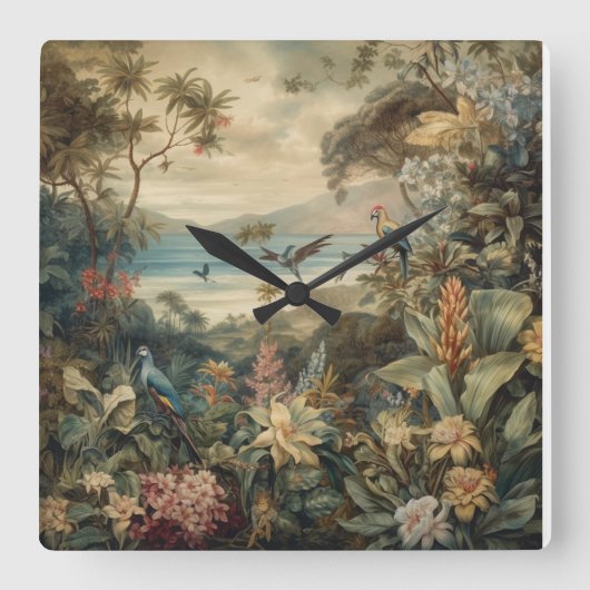  botanische scène vogelbloemen in het paradijs vierkante klok (Voorkant)