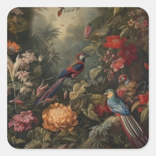  botanische scène vogelbloemen in het paradijs vierkante sticker (Voorkant)