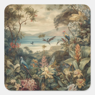botanische scène vogelbloemen in het paradijs vierkante sticker