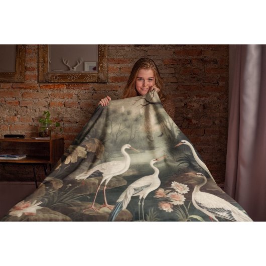 botanische scène witte kranen en bloemen fleece deken
