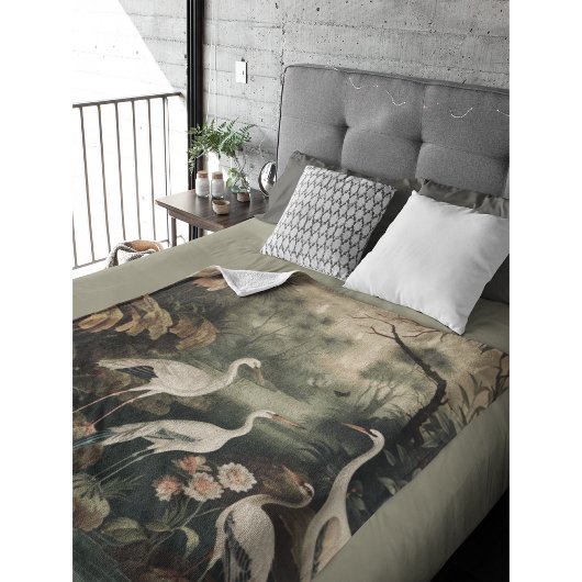 botanische scène witte kranen en bloemen fleece deken