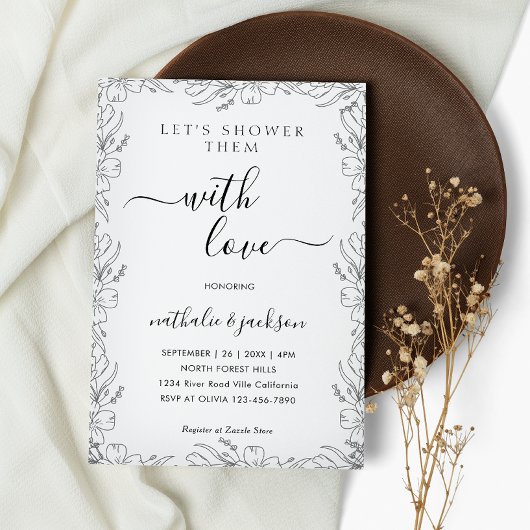 Botanische Schets Bloemen Lijst Paar Douche Bridal Kaart
