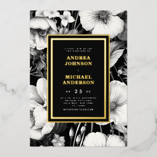 Botanische Schets Zwart Bloemen Bruiloft Echt Folie Uitnodiging