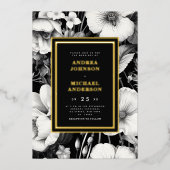 Botanische Schets Zwart Bloemen Bruiloft Echt Folie Uitnodiging (Voorkant)