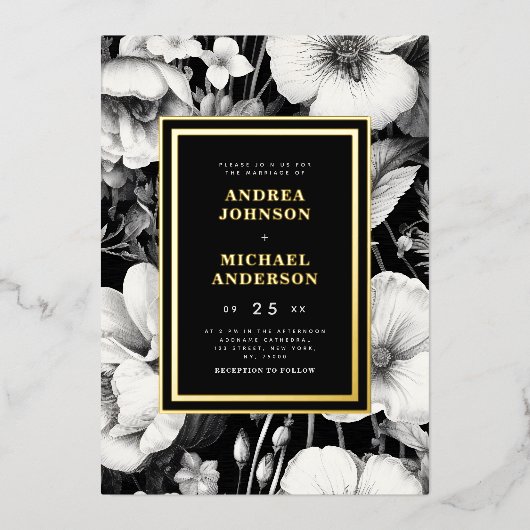 Botanische Schets Zwart Bloemen Bruiloft Echt Folie Uitnodiging (Voorkant)