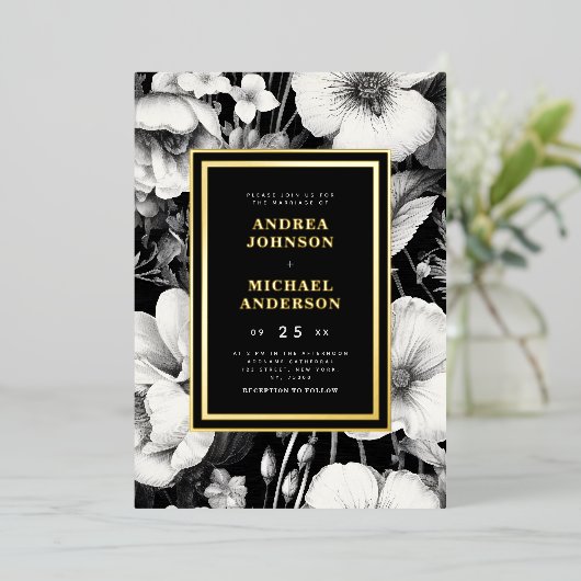 Botanische Schets Zwart Bloemen Bruiloft Echt Folie Uitnodiging (Staand Voorkant)