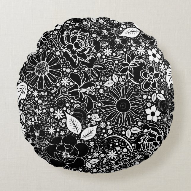 Botanische schoonheden Zwart-wit rond Sierkussen Rond Kussen (Voorkant)