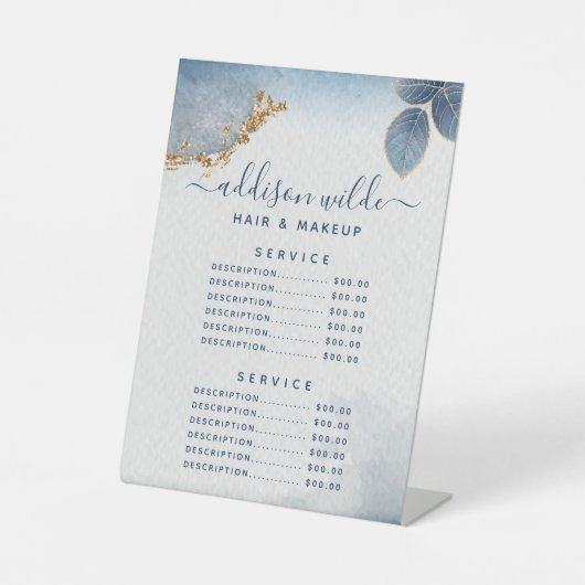 Botanische Service Price Menu Blue Gold Waterverf Reclamebord Met Voetstuk (Voorkant)