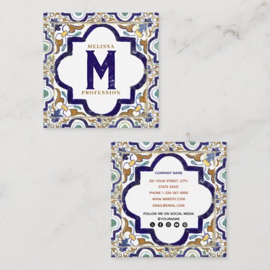  botanische siertegels sociale media vierkante visitekaartje (Voorkant / Achterkant)