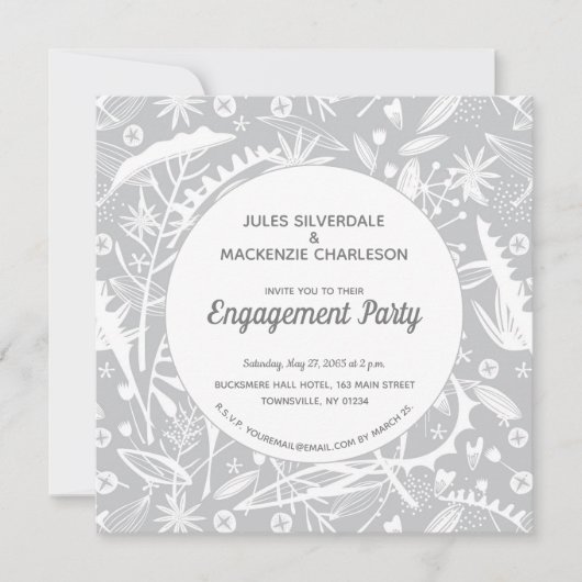 Botanische Silver Grey Pattern Engagement Party Kaart (Voorkant)