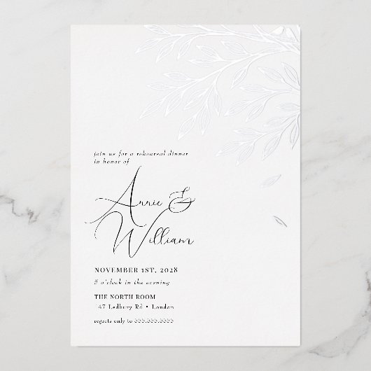 Botanische Silver Leaf repetitie diner Folie Uitnodiging (Voorkant)