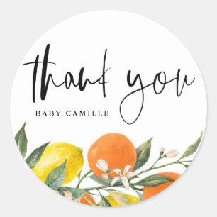 Botanische Sinaasappel en Citroen Baby Shower Dank Ronde Sticker