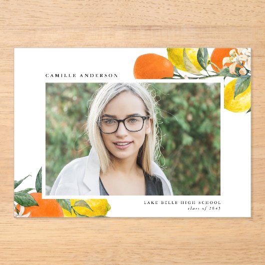 Botanische Sinaasappels en citroenen Foto Afstuder Acryl Uitnodigingen (Voorkant)