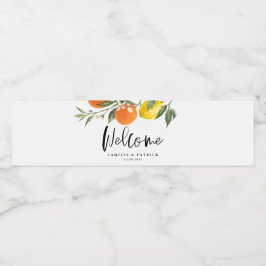 Botanische Sinaasappels en Citroenen Trouwfeest Waterfles Etiket (Enkel label)