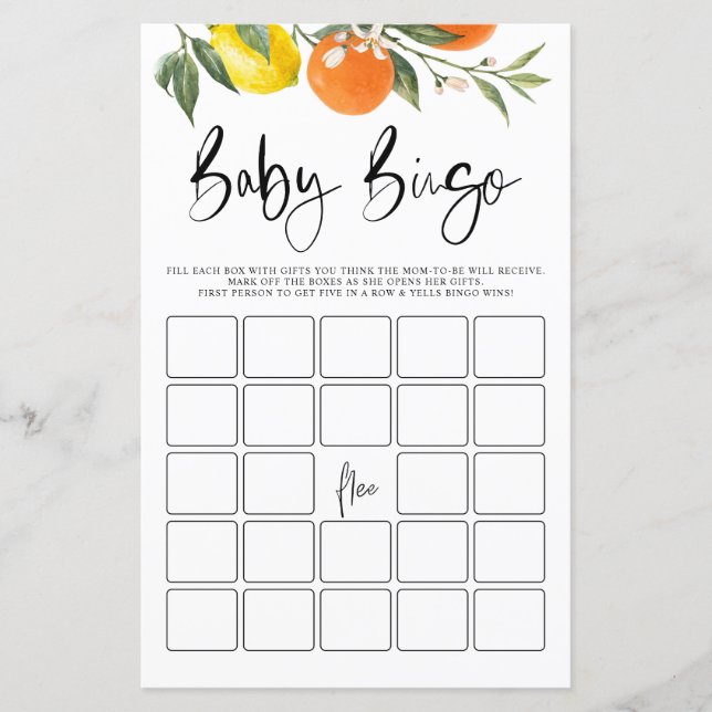 Botanische Sinaasappels & Lemons Baby shower Bingo (Voorkant)