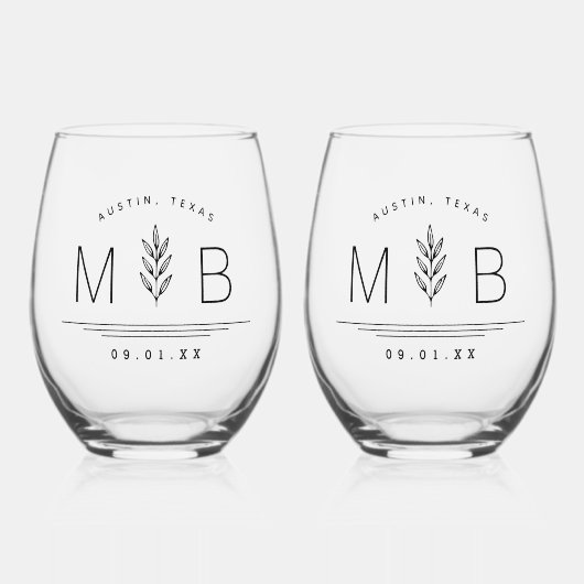 Botanische stam Bruiloft Monogram Wijnglas Zonder Voet (Voorkant)