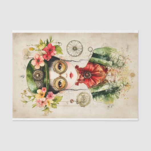 Botanische Steampunk Aziatische Vrouw BJ1 Decoupag Tissuepapier (Voorkant)