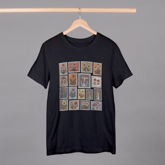  botanische stempel met bloemen en paddenstoel t-shirt