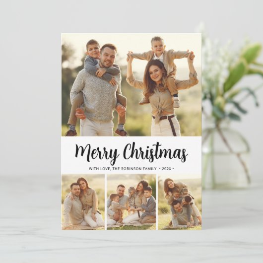 Botanische Stijlvolle 4 Fotocollage Kerstmis Feestdagenkaart (Staand voorkant)