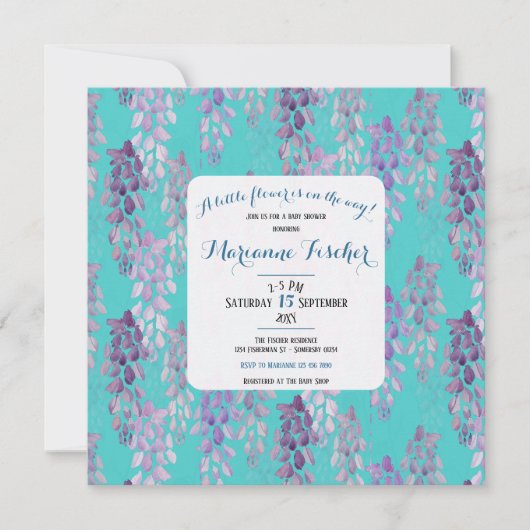 Botanische stijlvolle aquablauwe babyshower uitnod (Voorkant)
