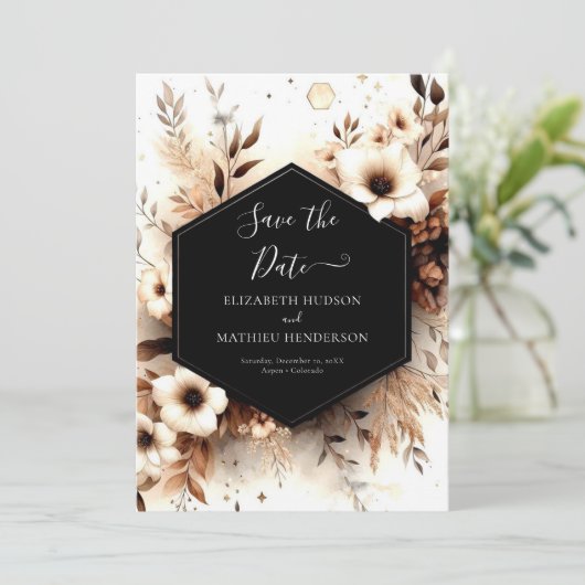 Botanische stijlvolle rustieke bruiloft save the date (Staand voorkant)