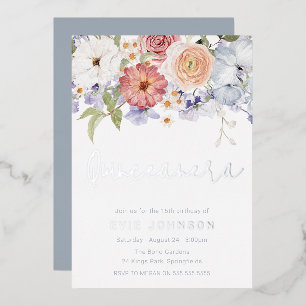 Botanische Stof Blauw Quinceanera Feest Zilver Folie Uitnodiging