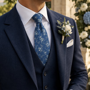 Botanische Stof Dusty Blue & Bloemen Stropdas