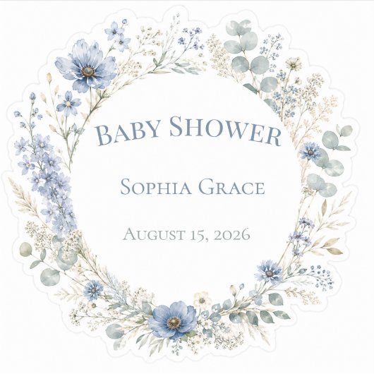 Botanische Stofblauwe Baby Shower Stickers (Voorkant)