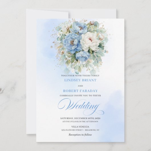 Botanische Stofblauwe Witte Pioen Huwelijksuitnodi Kaart (Voorkant)