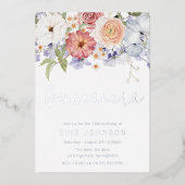 Botanische Stoffige Blauwe Quinceanera Partij Zilv Folie Uitnodiging (Voorkant)