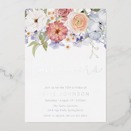 Botanische Stoffige Blauwe Quinceanera Partij Zilv Folie Uitnodiging (Voorkant)