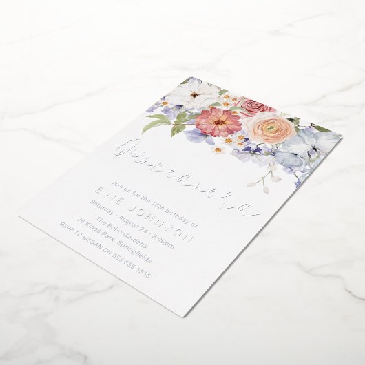 Botanische Stoffige Blauwe Quinceanera Partij Zilv Folie Uitnodiging (Gedraaid)