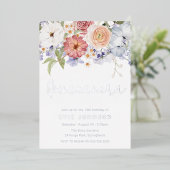 Botanische Stoffige Blauwe Quinceanera Partij Zilv Folie Uitnodiging (Staand Voorkant)