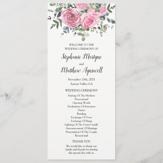 Botanische stoffige roze bloemige eucalyptus programmakaart (Voorkant)