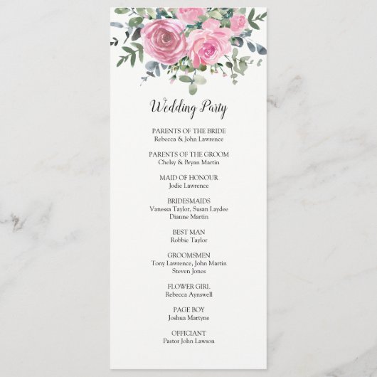 Botanische stoffige roze bloemige eucalyptus programmakaart (Achterkant)