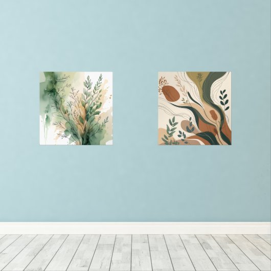 Botanische stroming – Abstracte Natuur in aardse t Muurkunst Sets (Houten vloer)