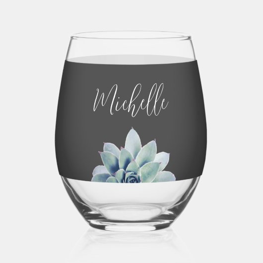 Botanische Succulent Elegant Script Classic Grijs Wijnglas Zonder Voet (Achterkant)