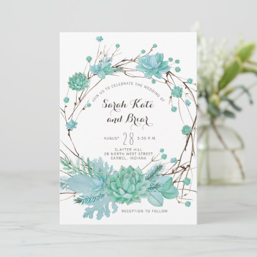 Botanische succulent groene bruiloft uitnodiging (Staand voorkant)