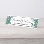 Botanische succulent met bloem, naam en titel bureau naambordje (Voorkant)