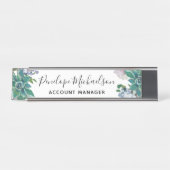 Botanische succulent met bloem, naam en titel bureau naambordje (Voorkant)